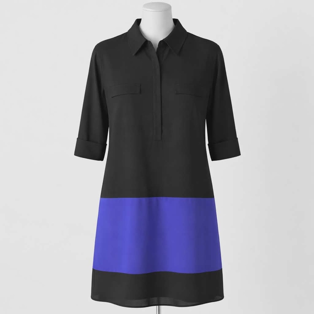 NWOT size 6  Alex + Alex. Blue and Black Colorblock Silky Shirt Dress